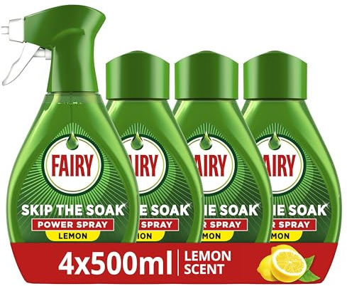 Fairy Skip the Soak Dish Spray Kit Lemon, Trigger + 4x500ml Refill. 100% Grease Removal for Dishes & Surfaces.