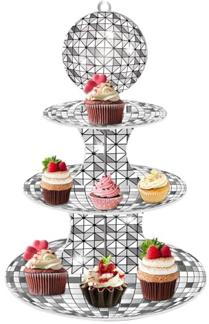 Alzata per dolci e cupcake, torre per dolci e cupcake, in cartone a 3 strati, supporto per torte retrò con lampadine da discoteca a 3 ripiani, espositore in cartone con riflettori argentati