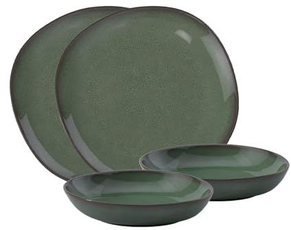 like. by Villeroy & Boch - Lave Vert Ensemble de vaisselle en grès cérame, 4 pièces, look poterie, service de table pour 2 personnes, vert