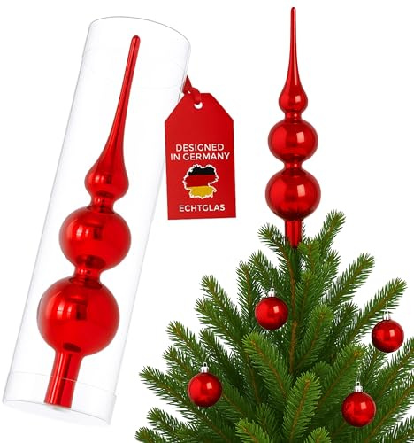 SantaTime Weihnachtsbaumspitze Echtglas glänzend 30cm - Extra Festliche Christbaumspitze aus Glas inkl. Aufbewahrungsbox - Perfekte Tannenbaumspitze (Rot glänzend)