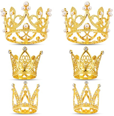 Tyqour 6 Pcs Mini Gold Crown Cake Topper, Tiara Cake Topper for Women | Tiny Bouquet Crowns, Small Cake Decoration, for Wedding, Graduation, Mother's Day, Birthday Party