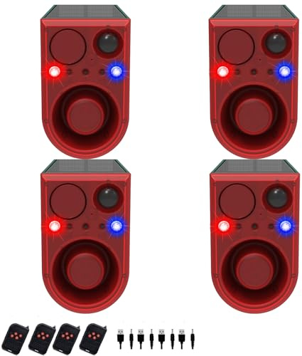 Lot de 4 alarmes solaires extérieures à détecteur de mouvement - 130 dB - Générateur de bruit fort, sons d'aboiements de chien et de coups de feu, ultrasons et lumière stroboscopique rouge et bleue