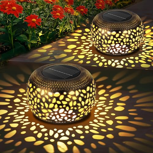 FOFAI Solar Lanterns for Outside: 2 Pack Hollow Out Metal Solar Lights Outdoor Garden with Beautiful Pattern - Gardening Birthday Gifts for Mom - Garden Ornament Table Decorations 2 Lighting Colours