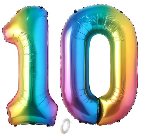 Balorise 40 Inch Giant Aluminum Balloon Rainbow Number 10, Inflatable Helium, Large Number 0-9, 10-100 (101 cm), Foil Balloons Decoration for Birthday Party and Wedding