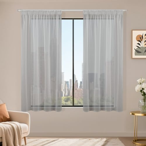 Runyéla Stores Gardinen mit Kräuselband 2er Set, Voile Schiebegardinen 145 x 140 (HxB), Transparent Gardine, Vorhang Grau, Vorhänge für Wohnzimmer Schlafzimmer Sheer Curtain