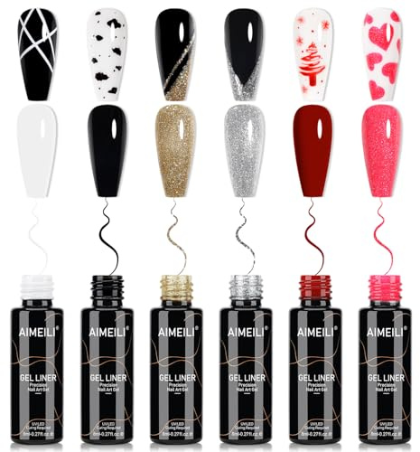 AIMEILI Gel Liner nagelkonst kit – 6 färger svart vit glitter silver gelnagellack, nagellack tunn borste för fransk spets manikyrkonst, blötläggning och härdning krävs 8 ml