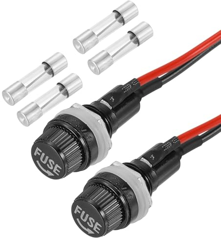 sourcing map 2 Pcs Panel Mount Fuse Holder, 10/15A AC 125/250V 5 x 20mm Fuse Spade Terminal Screw Cap Fuse Holders with Pre-Soldered Wires and 15A Glass Tube Fuses