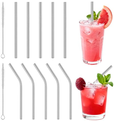 LIQWEI 10 pajitas de acero inoxidable, reutilizables, curvadas y rectas, con cepillo, para zumos y bebidas (12,5 cm)