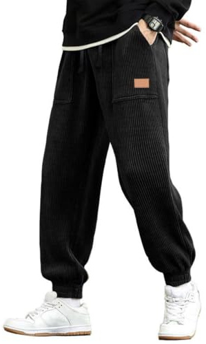 WINKEEY Pantaloni in Velluto a Coste da Uomo Pantaloni Cargo con Coulisse e Vita Elastica con 4 Tasche,Nero S