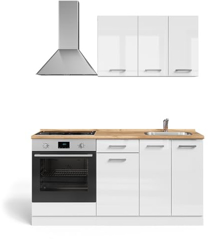 Vicco Singleküche R-Line, Weiß Hochglanz/Weiß, 160 cm | mit Herdumbauschrank und Spüle mit AP, zur Integration von Elektrogeräten und Spüle vorbereitet