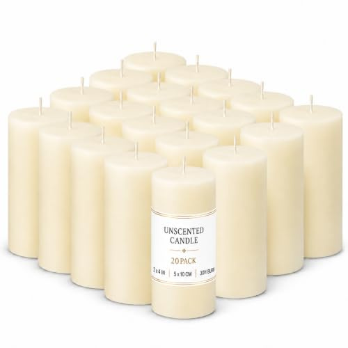 UGBEM 20 Elfenbein Stumpenkerzen, Unparfümierte Säulenkerzen Ø 5 x 10 cm | 30 Stunden Lange Brenndauer Ohne Duft Kerzen für Kirche, Zuhause, Hochzeit, Partydekoration und Gastronomie