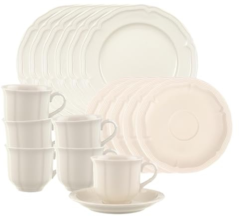 Villeroy & Boch Manoir Service à café, 18 pièces, pour 6 personnes, en tasses à café, avec soucoupes et assiettes à petit-déjeuner, passe au lave-vaisselle et au micro-ondes, porcelaine de qualité