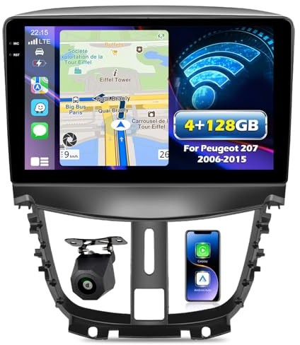 NHOPEEW 4+128G Android Radio para Coche para Peugeot 207 2006-2015 con Carplay y Android Auto - Pantalla incell de 9 Pulgadas Compatible con WiFi GPS Control en el Volante + Cámara de Marcha atrás
