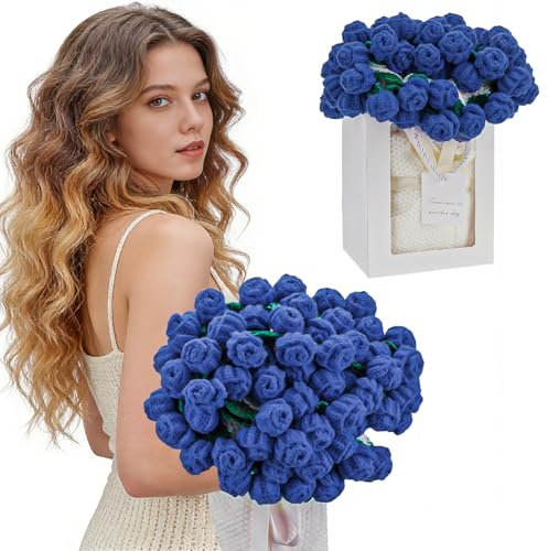 HOYWOUL Flower Bouquet Blanket, Gifts for Mom Wife Grandma, Finished Handmade Rose Throw Blanket, Romantic Rose Gifts Ideas for Mothers Day Wedding Anniversary Birthday (Navy Blue, 43)