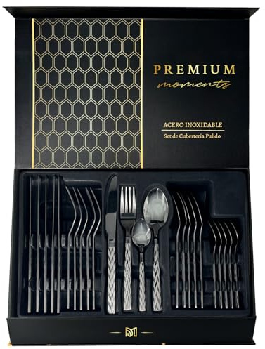 Cubertería Negra 24 Piezas Acero Inoxidable – Set Moderno Negro Mate y Brillante con Grabado Geométrico – 6 Servicios Elegantes – Apta Lavavajillas – Regalo Premium para Hogar