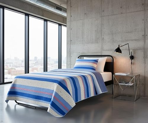 The one home Colcha Boutí Acolchada Reversible Cama 90 – Cubrecama Verano Ligero Transpirable, Colcha Primavera Entretiempo 100% Poliéster Extra Suave (Rayas Azul, Cama 90-180×270 cm + 1 Funda)