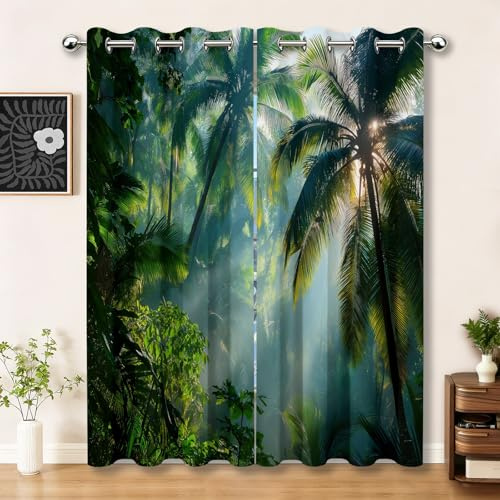 Verdunkelungsvorhang mit Ösen, Naturfotografie Vorhang mit Tropische Pflanzen Palmen - Muster, 3-lagig Blickdicht Thermo-Gardine aus Polyester für Wohnzimmer Schlafzimmer, H 215 x B 110 cm, 2er Set