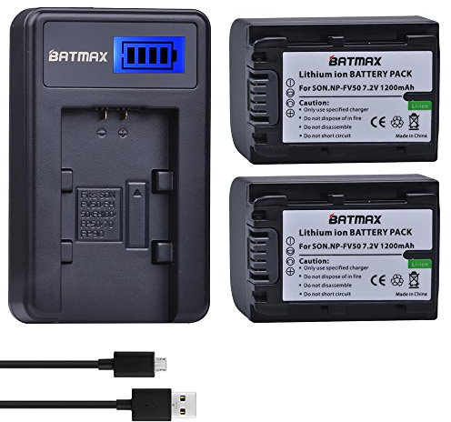 Batmax 2 Packs Battery + LCD Charger for Sony NP-FV30,NP-FV40,NP-FV50 Batteries;Sony FDR-AX53 HDR-CX230 HDR-CX220 CX330 CX380 CX455 CX900 CX430V TD30V FDR-AX100 Handycam Camcorder and More