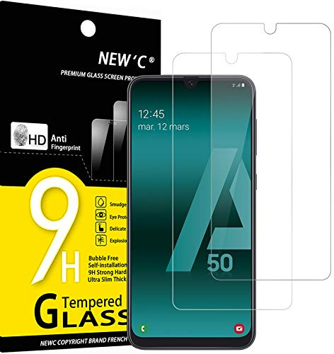 NEW'C 2 Piezas, Protector Pantalla para Samsung Galaxy A50 (SM-A505F), Cristal templado Antiarañazos, Antihuellas, Sin Burbujas, Dureza 9H, 0.33 mm Ultra Transparente, Ultra Resistente