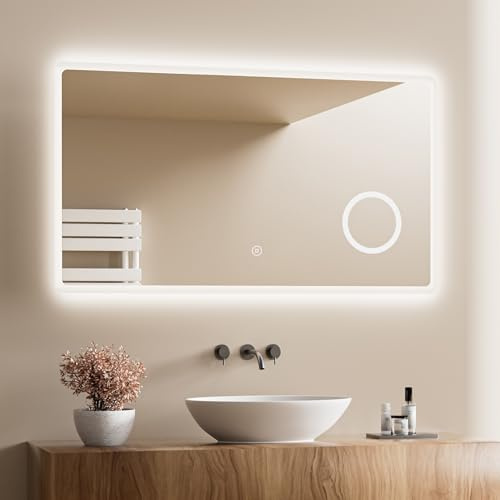 Heilmetz Badspiegel mit Beleuchtung LED 120x60cm, Badezimmerspiegel mit Beleuchtung+3X Vergrößerung+Touch-Schalter, Badezimmerspiegel mit Licht, 6500K Kaltweiß, Energiesparend