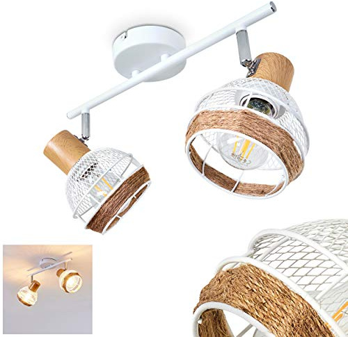HOFSTEIN Deckenleuchte Bariloche, verstellbare Deckenlampe aus Metall/Holz/Hanfseil in Weiß/Chrom/Natur, Leuchte im Boho/Retro-Design mit Lichteffekt, 2xE27, Esszimmer, Schlafzimmer, Wohnzimmer, Küche