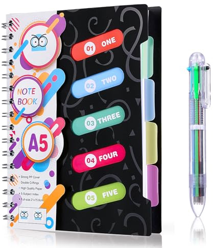 Kesote Carnet ligné avec stylo multicolore, 240 pages A5 Journal avec 5 onglets de couleur et 6-en-1 stylo à bille rétractable (Noir)