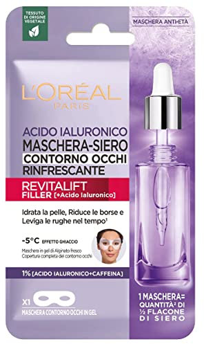 L'Oréal Paris Maschera Contorno Occhi Revitalift Filler, Con Azione Anti-Età e Rinfrescante, Idrata e Leviga le Rughe, Con Acido Ialuronico e Caffeina Pura