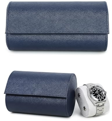 Hiram Custodia da Viaggio per Orologi Portarotolo per 2 Orologi Scatola Organizer per Orologio da Viaggio in Vera Pelle Saffiano (Blu)