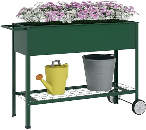 Outsunny Mesa de Cultivo 109x44x80 cm Huerto Urbano Elevado con 2 Ruedas Estante y Asa para Cultivo Plantas Flores Verduras Verde