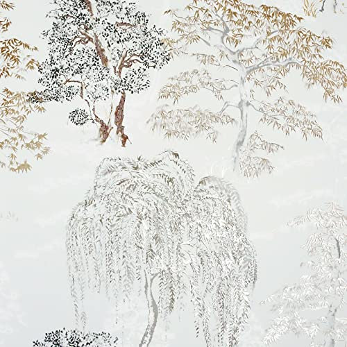 Natural Metallic Willow Oriental Garden Trees Beige Grey Wallpaper for Living Room Hallway Bedroom (Grey Beige Silver Taupe White)