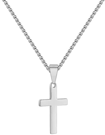 AJRUIER Kreuz Kette Halskette Damen Herren,Silber Klein Edelstahl Kreuz Kette Herren Kette mit Kreuz Anhänger Halskette Jesus Religiös Schmuck für Herren Anhänger（Silber 40cm）