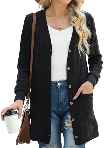 GRECERELLE Cardigan Mujer Elegante Chaqueta Punto Manga Larga Cuello en V Bolsillos Botones Estilo Largo (Negro, XXL)