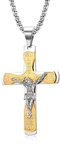 AMDXD Anhänger Herren Kette in Edelstahl, Anhänger Kreuz mit Bibel Ketten Herren Retro für Frauen Männer, Gold