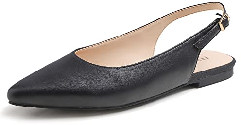 Feversole Pointed Toe Casual Slingback Flat Mules Women's Fashion Buckle Strap Slide Summer Slippers Black Vegan Leather Size 4