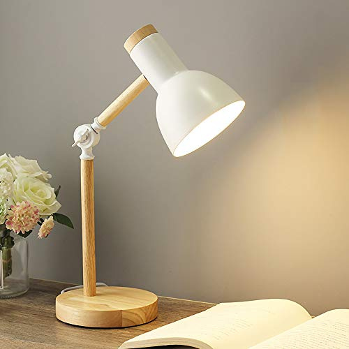 Mengjay Tischlampe, Nachttischlampe für Schlafzimmer, Eisen Schreibtischlampe Retro Nachtlicht, Minimalist Eisen Holz Nachttisch-Leuchte für Schlafzimmer, Kaffeetisch and Büro(Schwarz) (Weiß)