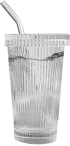 Gobelet en verre avec couvercle en verre et paille en verre, 375 ml, pour smoothie à emporter, tasse à café glacé à emporter pour le camping, les fêtes, les voyages