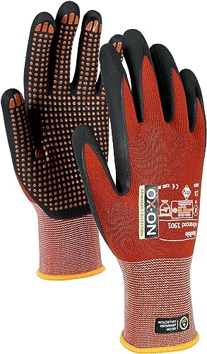 OX-ON FLEXIBLE ADVANCED 1901 Arbeitshandschuhe Gr.6 I 12 Paar rote Schutzhandschuhe mit Nitrilschaumbeschichtung & Noppen I Für festen Grip in trockener & nasser Umgebung I mit EN-Zertifizierung