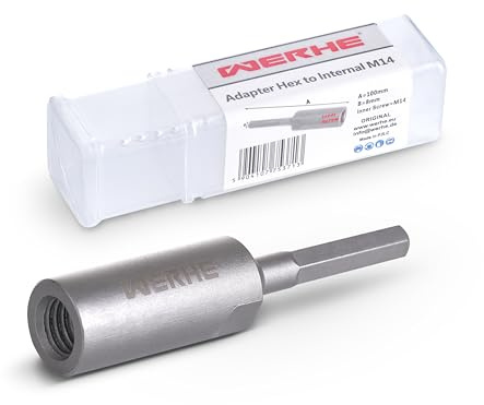 WERHE Adapter M14 auf Sechskantschaft für Akkuschrauber und Bohrmaschine | 8 mm HEX-Schaft, Stahl, für Diamant-Lochsägen, Schleif- und Trennscheiben, Gesamtlänge 50 mm, 40 g, werkzeuglose Montage
