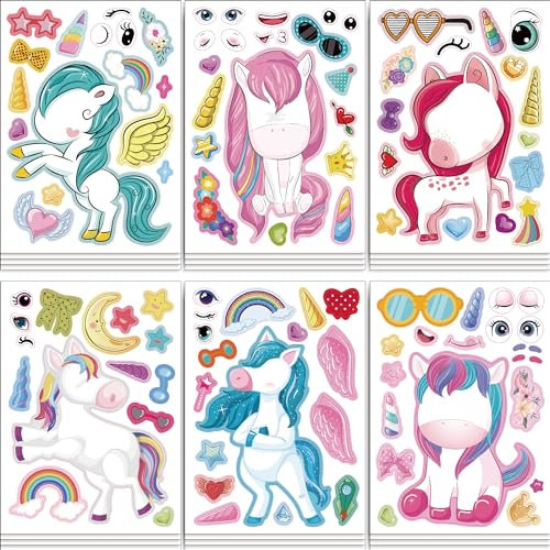 24 Stück Einhorn Gesicht DIY Aufkleber für Kinder, Party Tasche Füllstoffe Geschenkset für Mädchen Jungen, Aufkleber Blätter Geburtstag Dekorationen Supplies