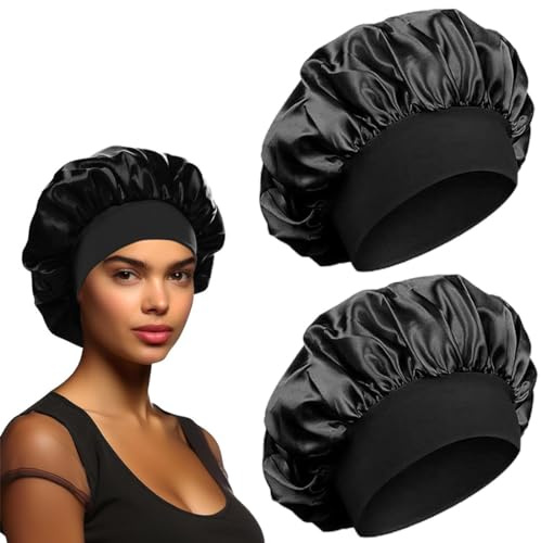 VJUYSW 2 Stück Satin Haarhaube Bonnet für Die Nacht,Silk Bonnet,Weiche Seidenhaube Zum Schlafen Bonnet Sleep Cap, Nachtmütze Haube Schlafen Atmungsaktive Kopfbedeckung, Schwarz
