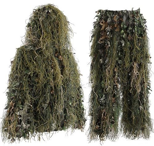 EAmber Ghillie Suit Gilly Hunting Suits Pants 3D Leaf Camo Camouflage Coveralls Youth Adult Lightweight Clothes for (Green Leafy Forest, Height 4.2-4.7 Ft)