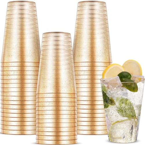 PLMMOUT 50 Stück Hartplastik Partybecher, Gold, 413ml /14oz | Plastik Schnapsgläser, Schnapsgläser Goldglitter, Stabil und Wiederverwendbar, for Hochzeiten, Geburtstage and Partys