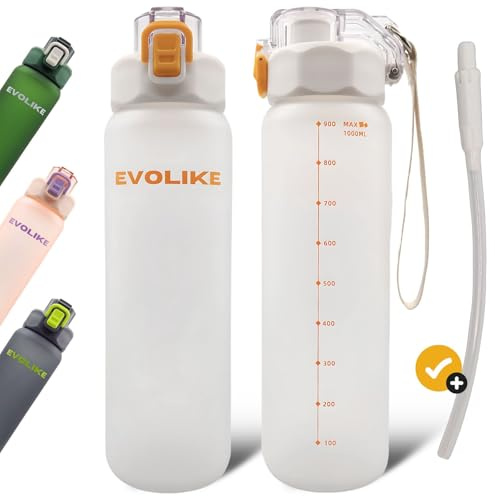 Evolike Trinkflasche Sport Wasserflasche 1l mit Strohhalm Sportflasche 1 Liter BPA-frei Auslaufsicher Rutschfest Water Bottle with Straw | Spülmaschinengeeignet bis 40 Grad (Weiß)