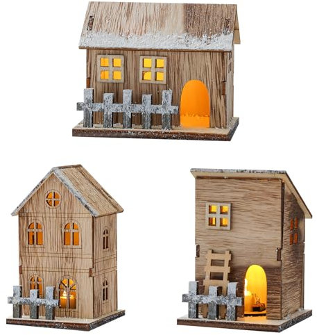 Deko Weihnachtshaus Beleuchtet Holzhaus,LED Weihnachtshäuser Weihnachtsbeleuchtung Häuser Weihnachtsdorf mit Beleuchtung Winterdorf Weihnachtsstadt Christbaumschmuck Holz Weihnachtsdeko Haus (3 Stück)