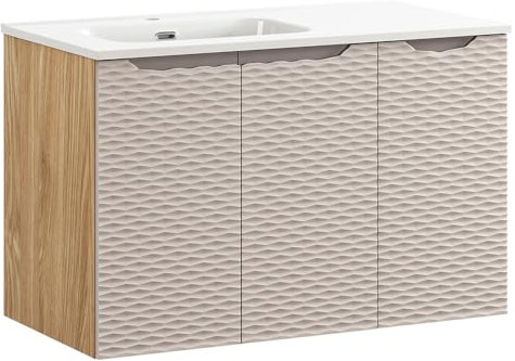 Lomadox Badezimmer Waschtisch 90cm in Eiche, Front in beige mit 3D-Oberfläche