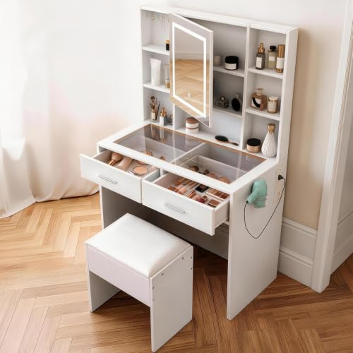 Karl home Dressing Table with LED Mirror, Glass Top, Power Outlet,Stool Set | Adjustable Brightness Vanity Table, Modern White Makeup Desk with 2 Drawers & 9 Shelves, Hair Dryer Holder, Jewelry Hook