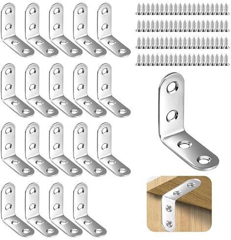 20 Pcs Angle Brackets 90 Degree Bracket 40X40mm (4 Holes) L Shaped Bracket Stainless Steel Right Angle Bracke with 80 Screws Metal Corner Brackets for Wood Furniture Fixation