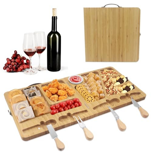 MoYouno Bamboo Charcuterie Board Set,Charcuterie Board Gift Foldin,Multipurpose Cheese Board Knife Set,Sturdy Easy to Storage Serving Platter,for Birthday Gifts Parties (1.7, Kilograms)
