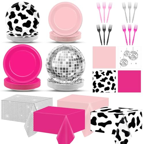 Western Cowgirl Party Plates Napkins Cow Print Themed Party Supplies Hot Pink Disco Ball Disposable Tableware Tablecloth Serves 24 Guests Cowgirl Birthday Bachelorette 80s 90s Shower Party Decorations
