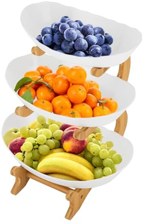 KigerNee Frutero de 3 niveles, color blanco, con 3 niveles, cesta de frutas con estructura de bambú, extraíble y apilable, ahorra espacio, para cocina, salón, mesa, para verduras, frutas, aperitivos